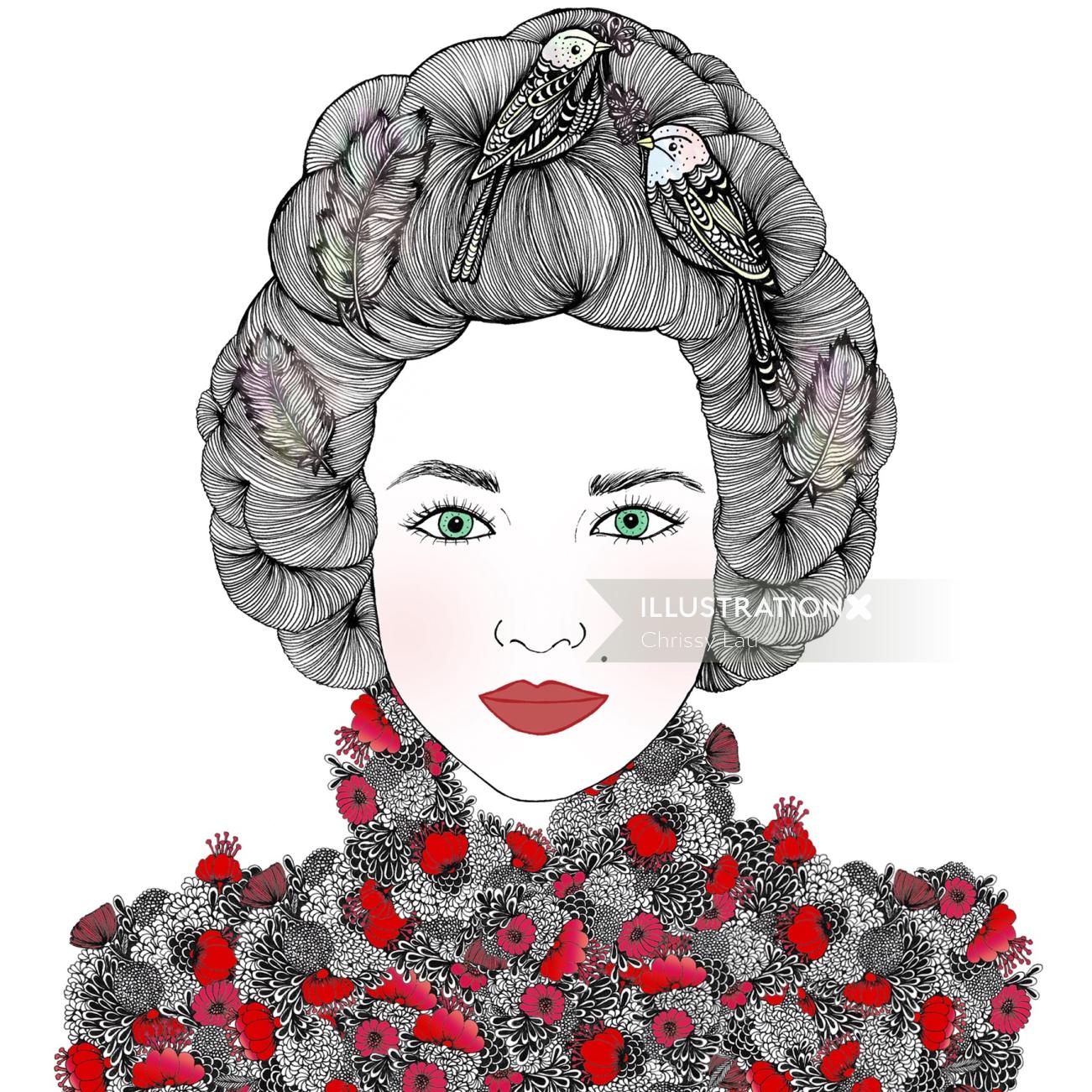 Marie Fashion Illustration with Birds