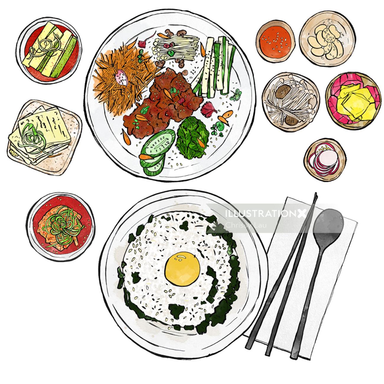 Ilustração de comida coreana