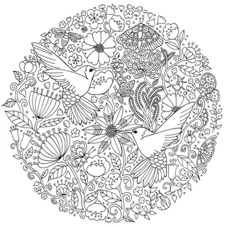 Intricate circular floral design with two hummingbirds by Chrissy Lau