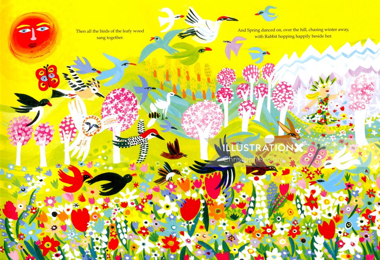 黄色の背景に自然の花と鳥