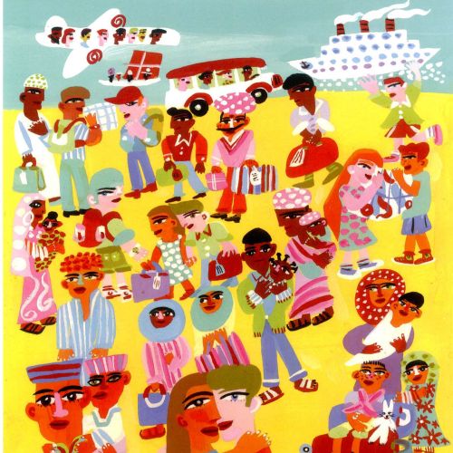 Crowds at the beach in a painting