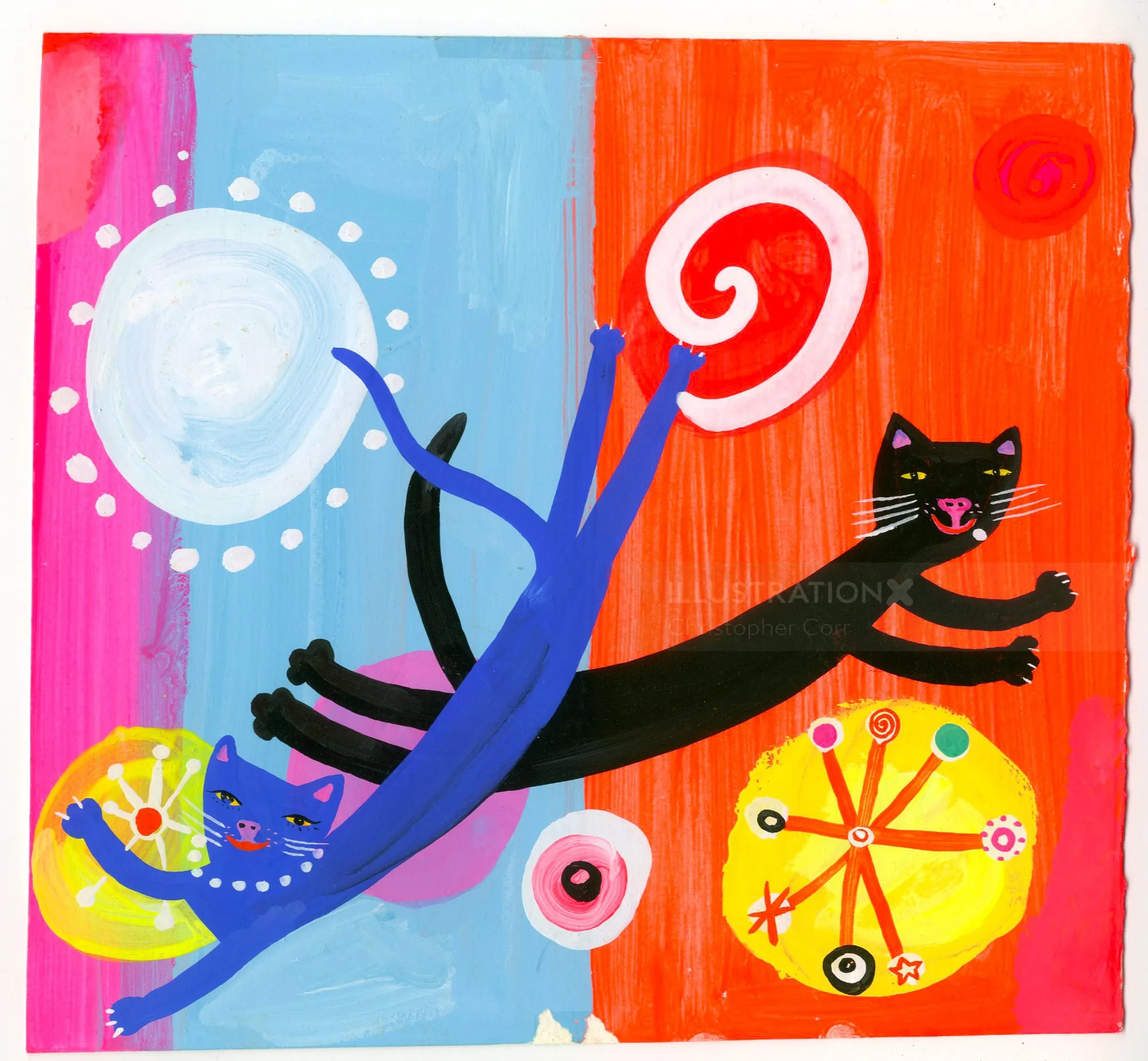 Playful black and blue cats in colorful abstract background by Christopher Corr