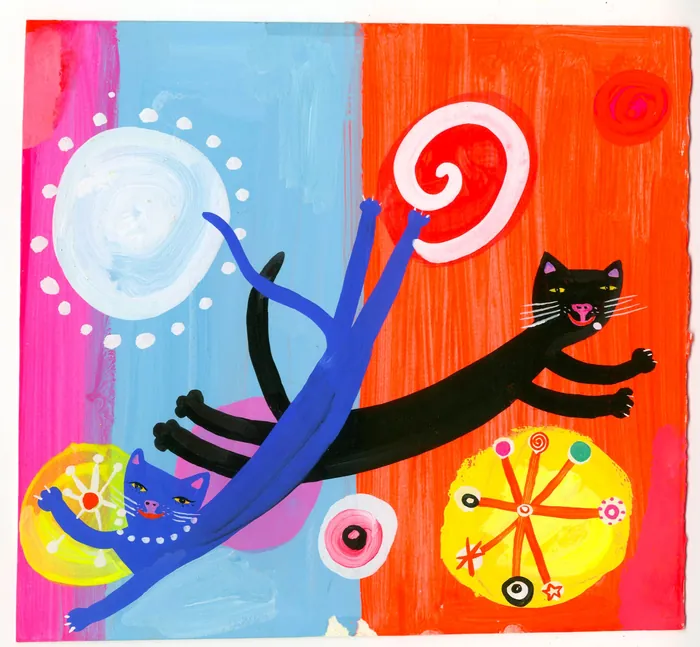 Playful black and blue cats in colorful abstract background by Christopher Corr