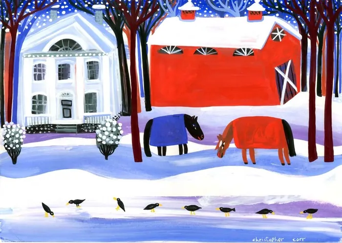 Winter farm scene with red barn, white house, horses, and birds by pond by Christopher Corr