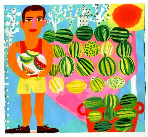 Man holding sliced watermelons with many whole watermelons under bright sun by Christopher Corr