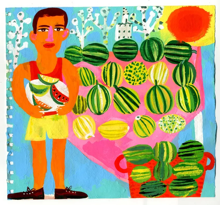 Man holding sliced watermelons with many whole watermelons under bright sun by Christopher Corr