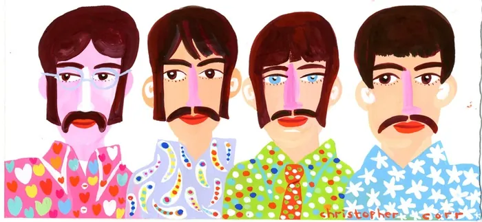 Illustration of four men wearing vibrant patterned shirts by Christopher Corr
