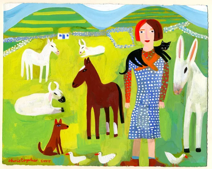 Woman with animals including horses, goats, and ducks by Christopher Corr