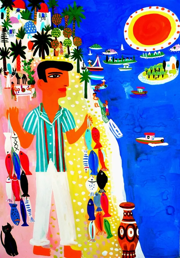 Man holding fish on tropical beach with boats and large sun by Christopher Corr