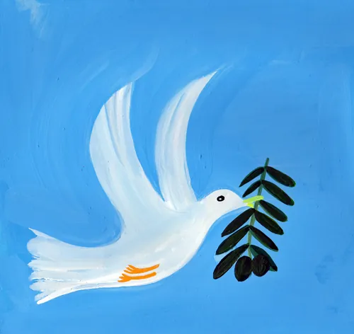 White dove flying with olive branch by Christopher Corr