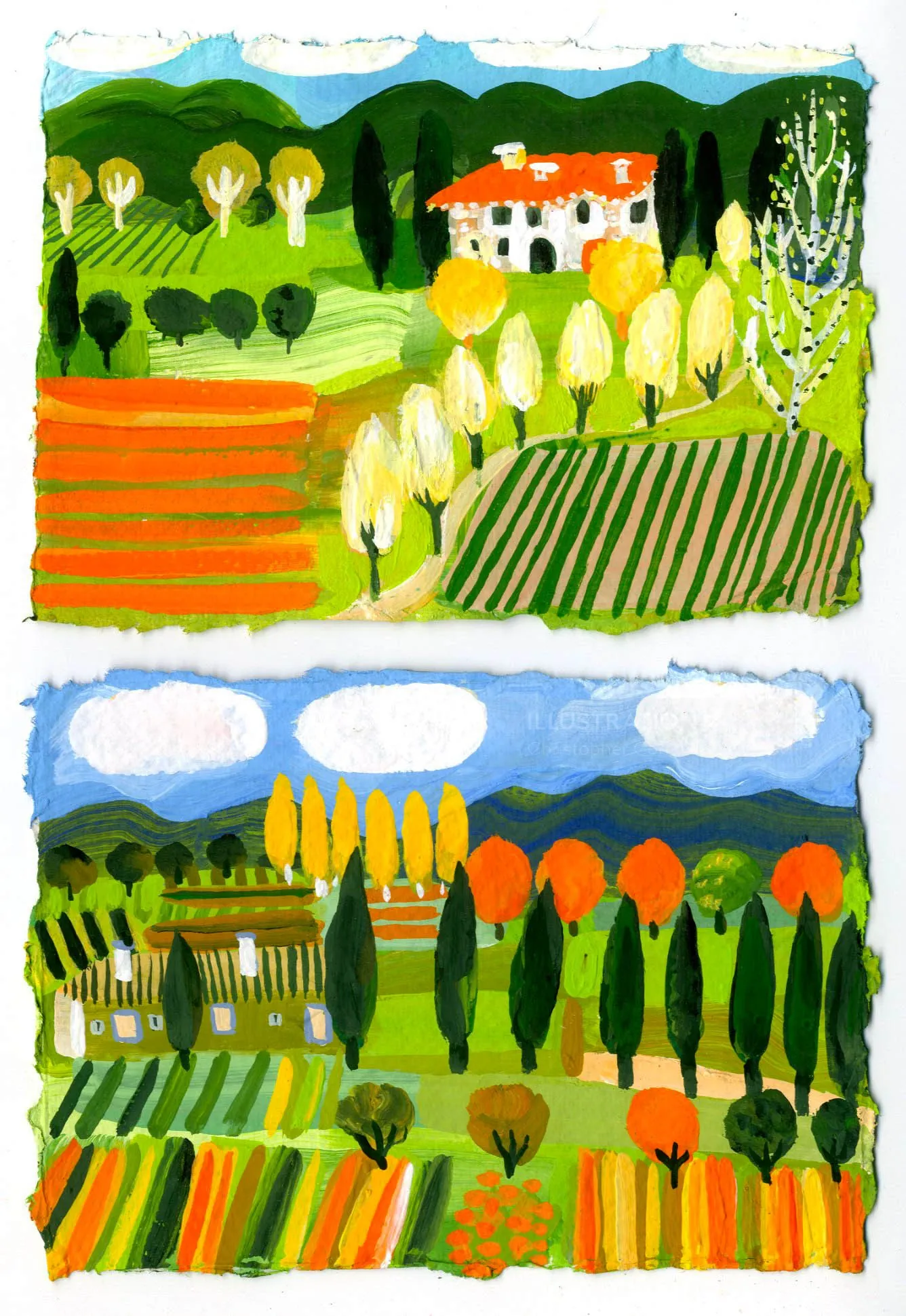 Two colorful landscape scenes with trees, fields, and houses by Christopher Corr