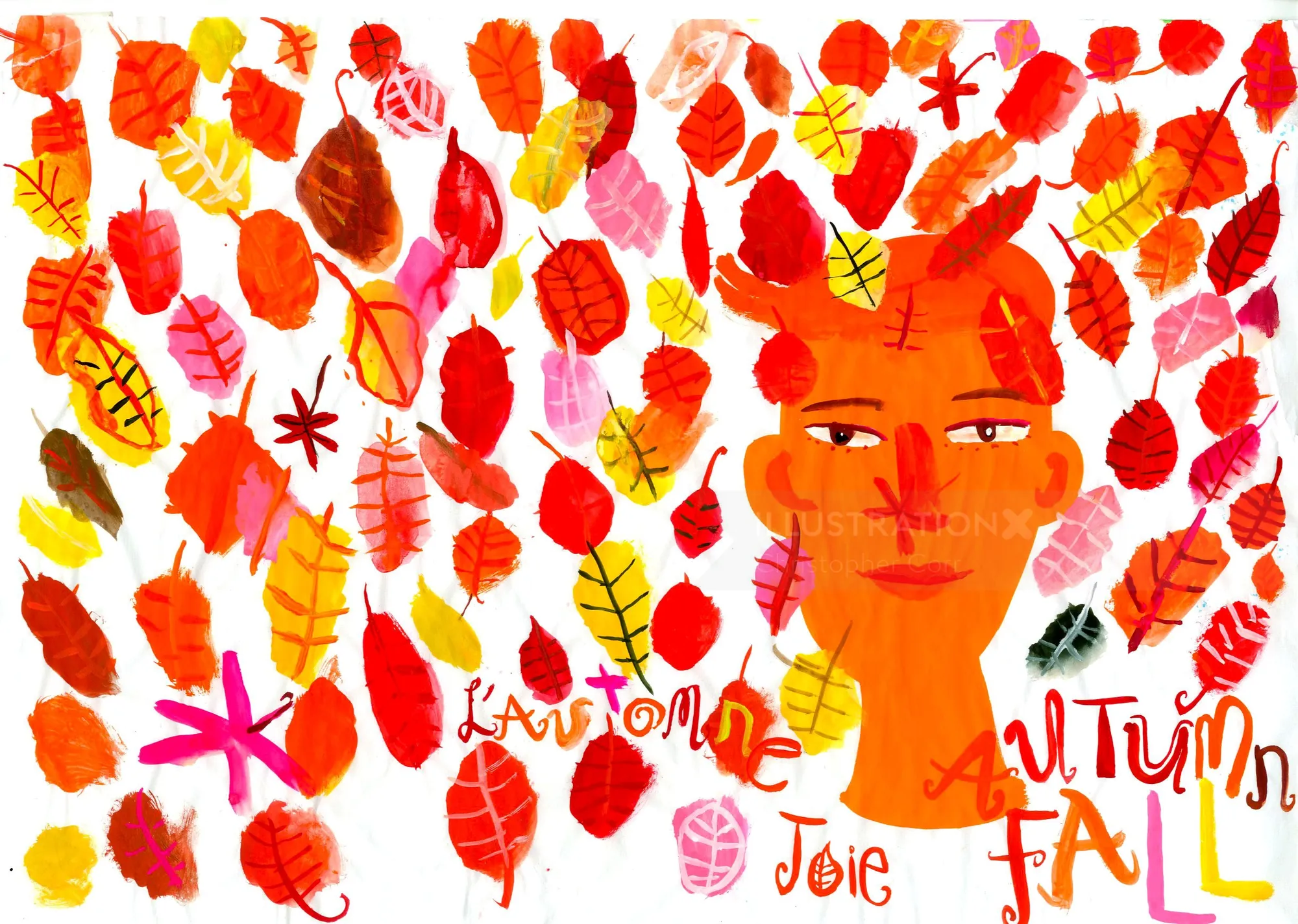 Person's face with colorful autumn leaves falling, artwork by Christopher Corr