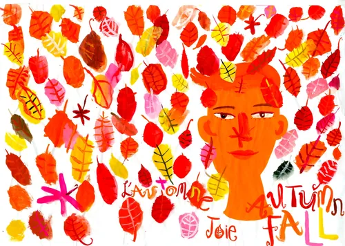 Person's face with colorful autumn leaves falling, artwork by Christopher Corr