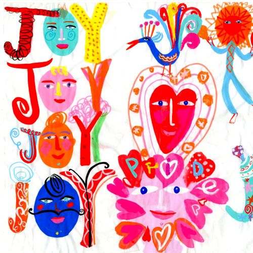 Colorful joyful characters and animals with vibrant hearts and flowers by Christopher Corr