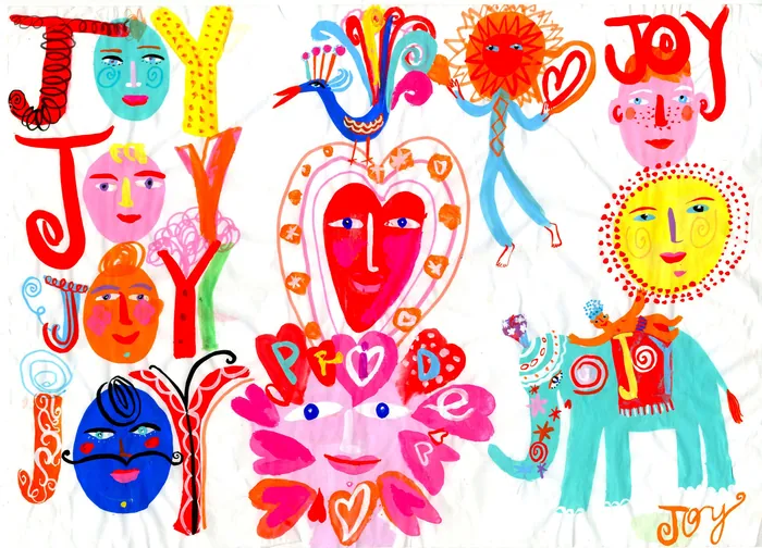Colorful joyful characters and animals with vibrant hearts and flowers by Christopher Corr
