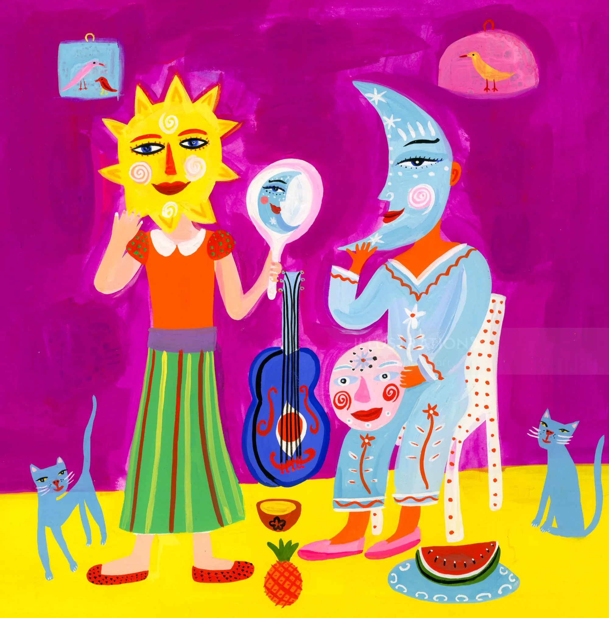 Bright sun and moon characters with guitar and cats, colorful scene by Christopher Corr