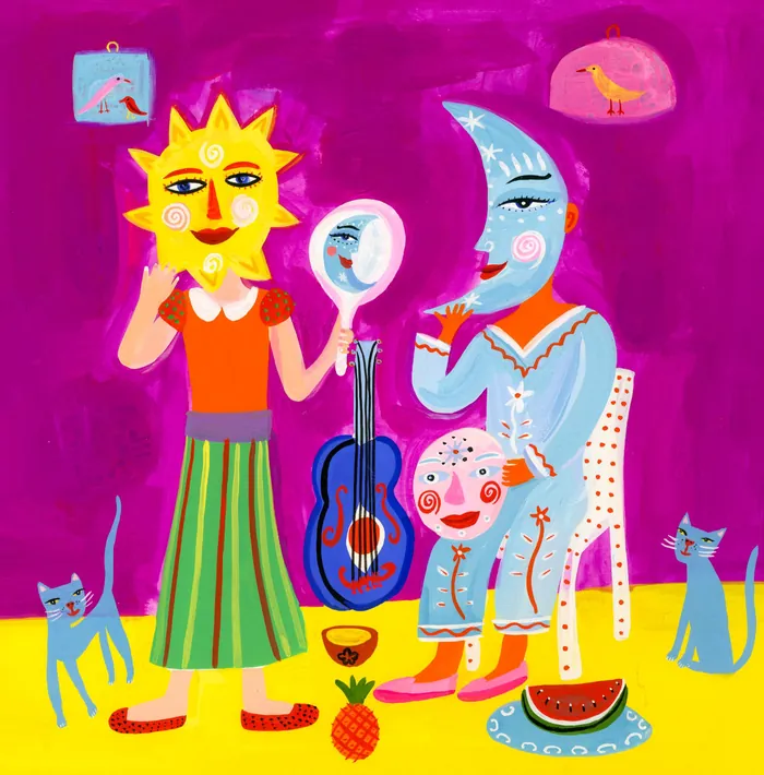 Bright sun and moon characters with guitar and cats, colorful scene by Christopher Corr