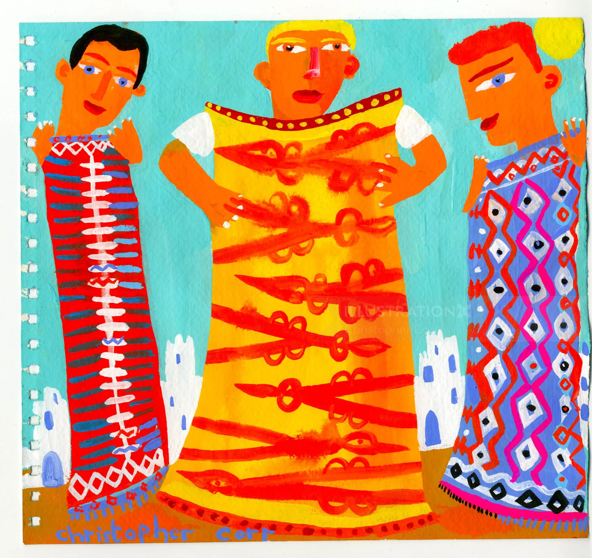 Three brightly colored figures in patterned dresses by Christopher Corr