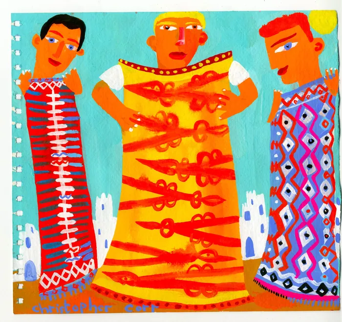 Three brightly colored figures in patterned dresses by Christopher Corr