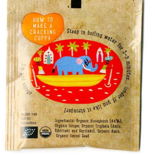 Organic herbal tea packet with elephant illustration by Christopher Corr