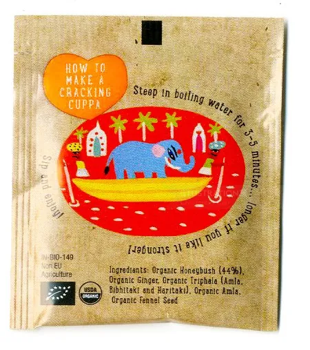 Organic herbal tea packet with elephant illustration by Christopher Corr