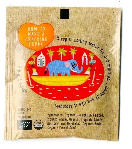 Organic herbal tea packet with elephant illustration by Christopher Corr