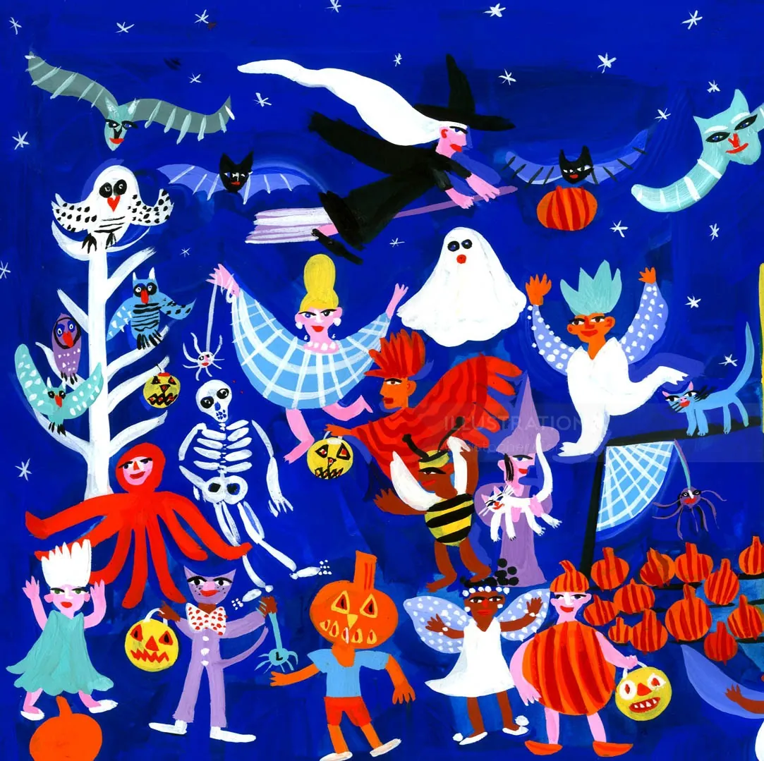 Halloween parade with ghosts, witches, skeletons, and pumpkins by Christopher Corr