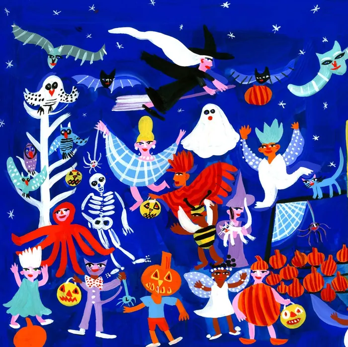 Halloween parade with ghosts, witches, skeletons, and pumpkins by Christopher Corr
