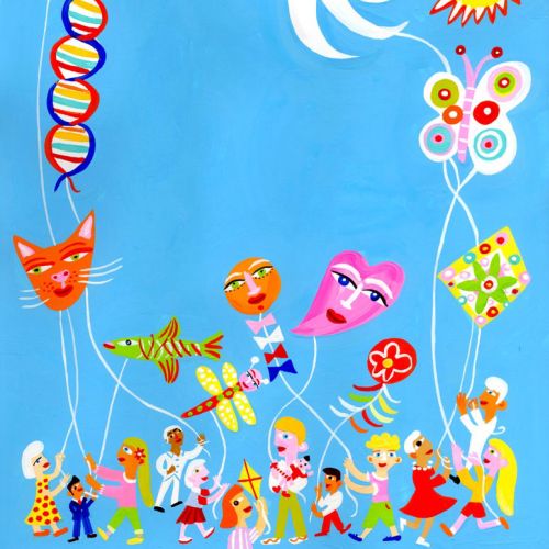 Whimsical kites and children flying under a clear blue sky by Christopher Corr