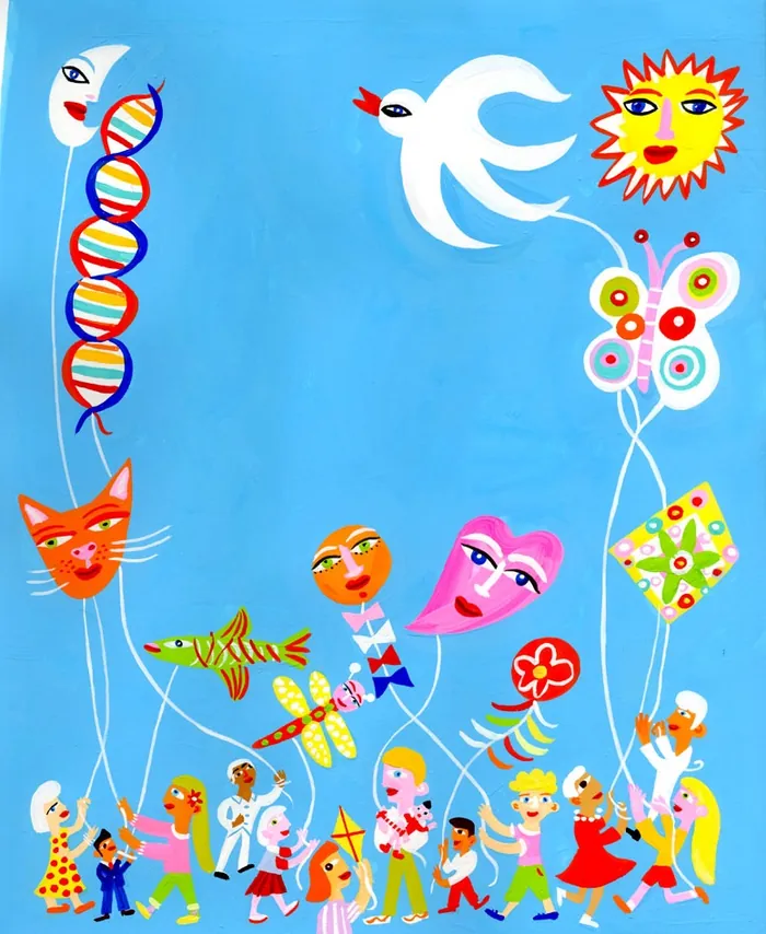 Whimsical kites and children flying under a clear blue sky by Christopher Corr