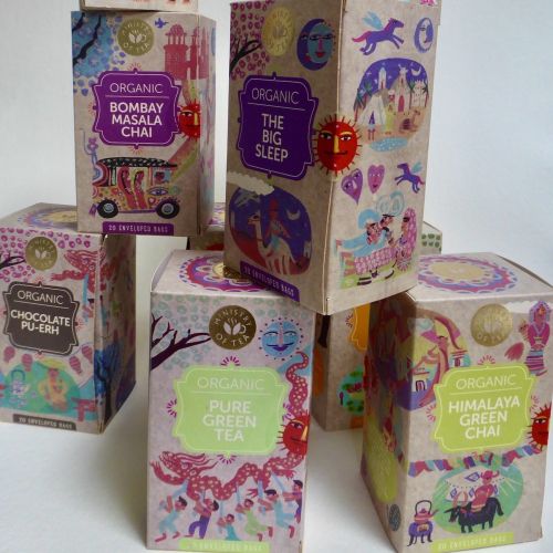 Organic tea boxes with colorful Indian artwork by Christopher Corr