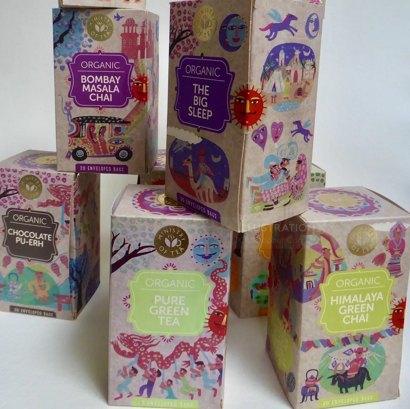 Organic tea boxes with colorful Indian artwork by Christopher Corr