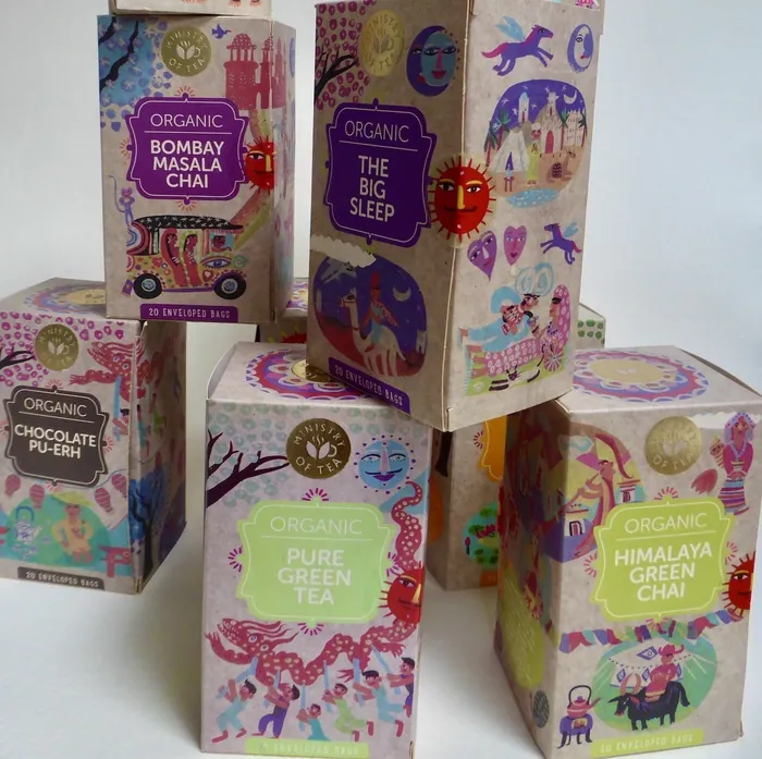 Organic tea boxes with colorful Indian artwork by Christopher Corr