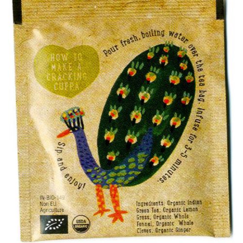 Teabag with peacock illustration and brewing instructions by Christopher Corr