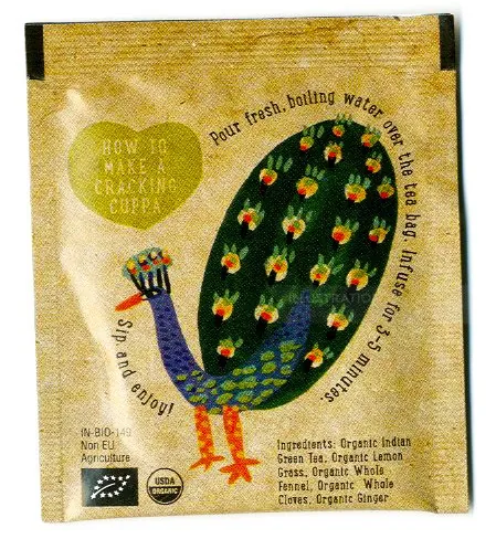 Teabag with peacock illustration and brewing instructions by Christopher Corr