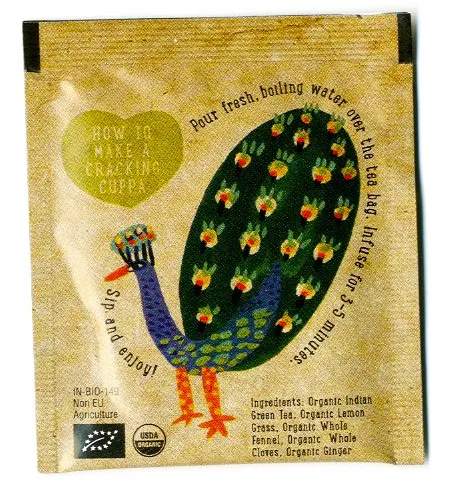 Teabag with peacock illustration and brewing instructions by Christopher Corr