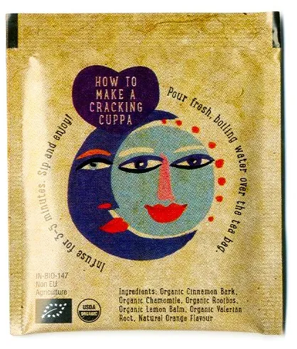 Organic tea bag packaging with dual-face artwork by Christopher Corr