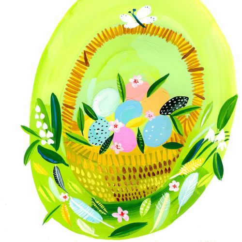 Easter basket with decorated eggs, flowers, and a butterfly