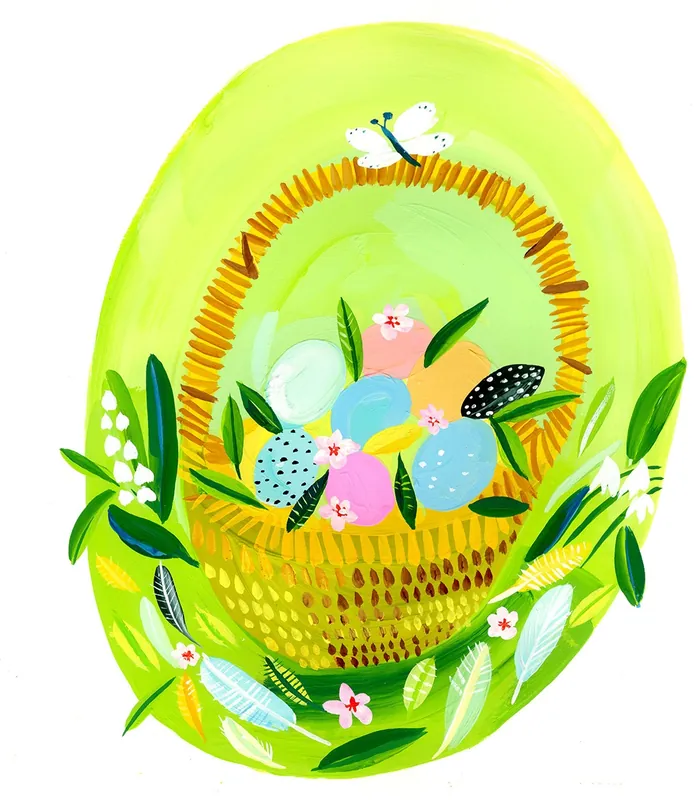 Easter basket with decorated eggs, flowers, and a butterfly