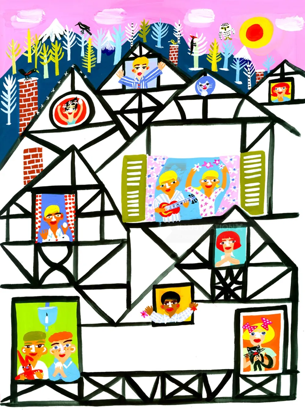 Illustration of people in windows of a house with bright colors