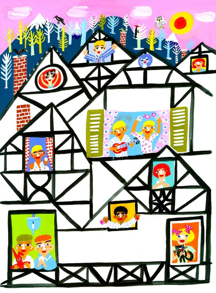 Illustration of people in windows of a house with bright colors