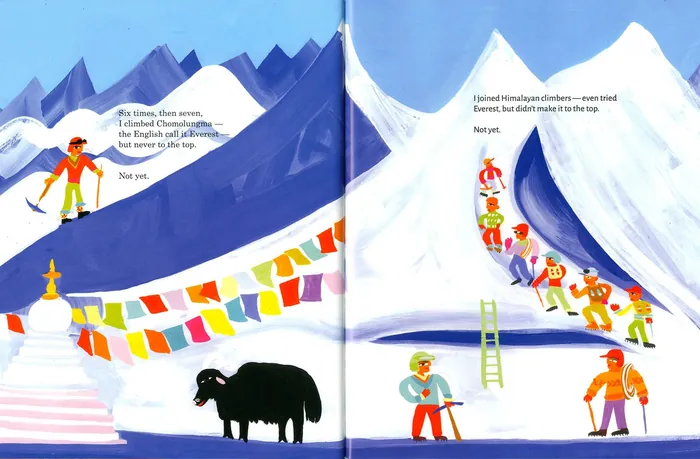 Climbers with gear and yak near prayer flags in snowy Himalayan mountains
