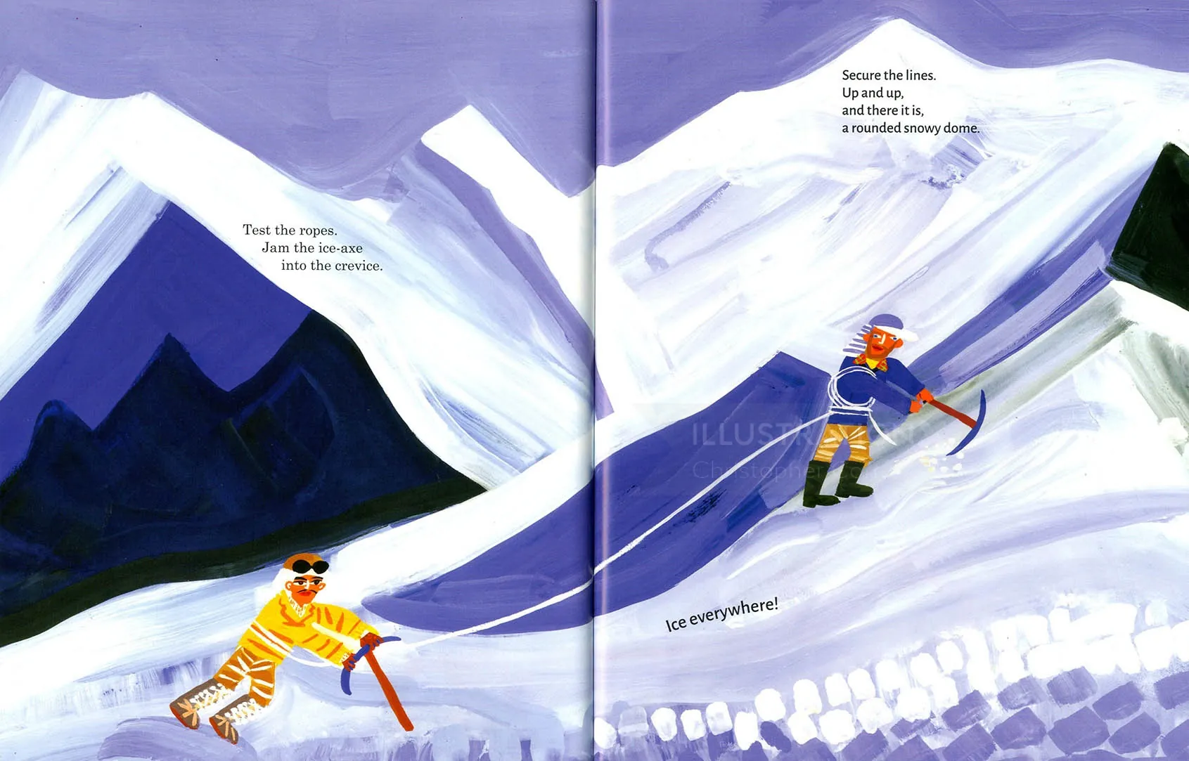 Two climbers using ice axes on snow-covered mountain slopes.