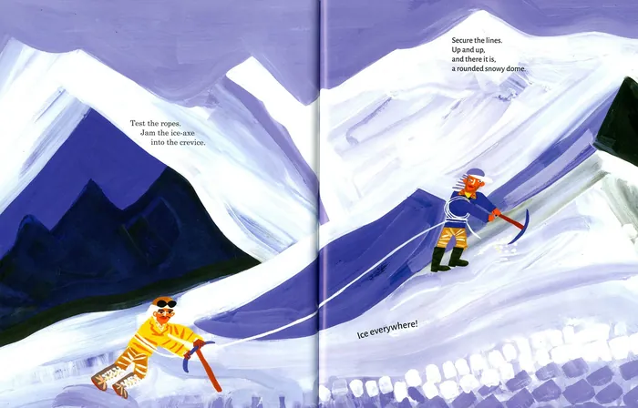 Two climbers using ice axes on snow-covered mountain slopes.
