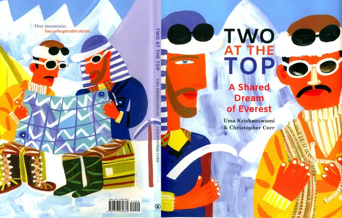 Two climbers with sunglasses and winter gear on Everest backdrop