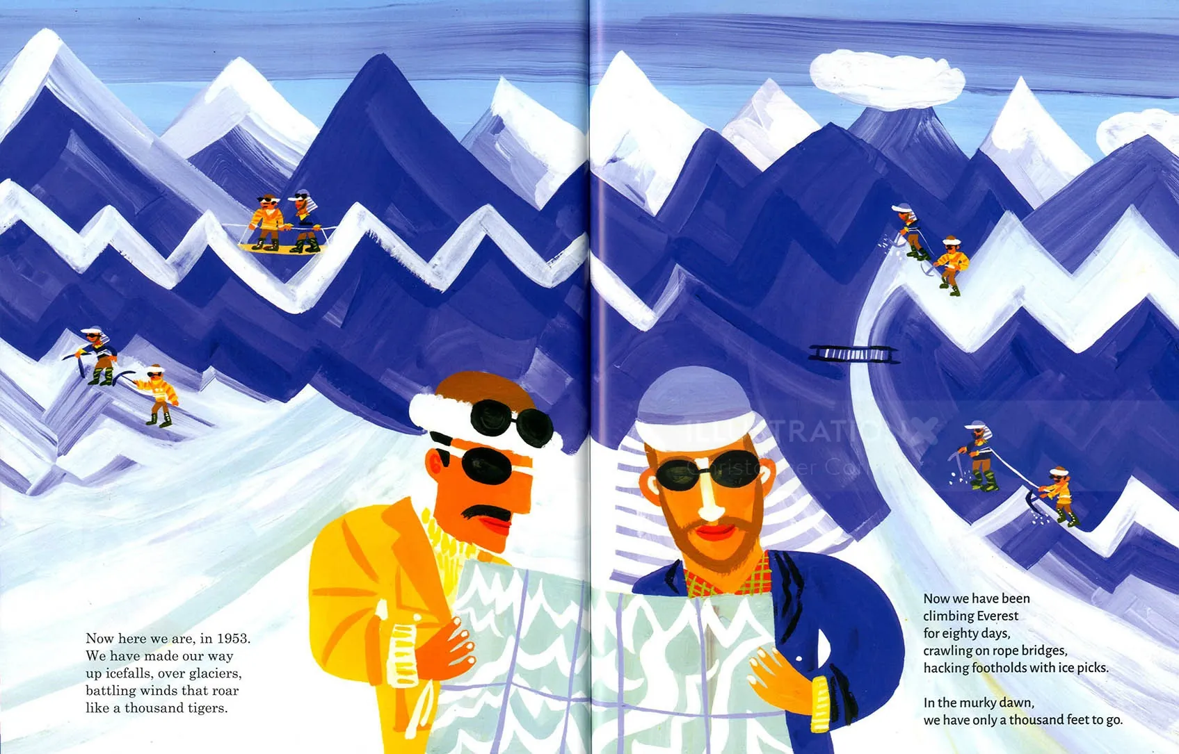 Skiers skiing on snowy mountains with sharp peak patterns.