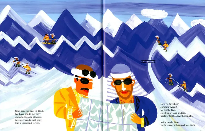 Skiers skiing on snowy mountains with sharp peak patterns.