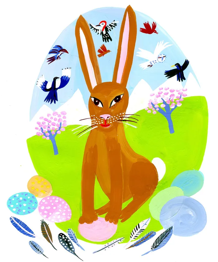 Brown rabbit holding Easter egg with birds and decorated eggs nearby