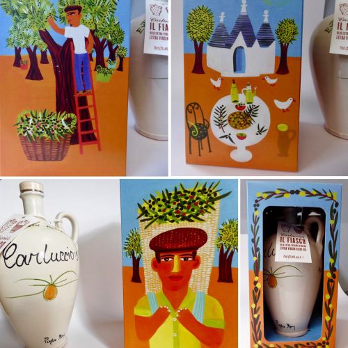 Illustrations of olive trees, a person with olives, Mediterranean pottery, and village