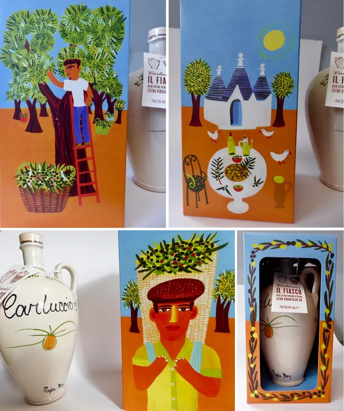 Illustrations of olive trees, a person with olives, Mediterranean pottery, and village
